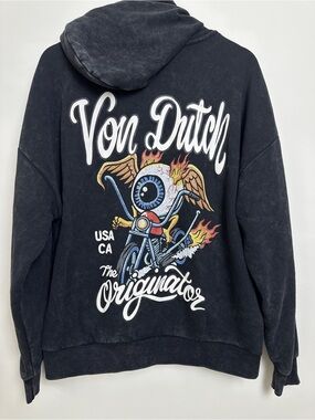 NWT Von Dutch Flying Eyeball Graphic Zip Up Hoodie Mineral Wash Black Mens Large